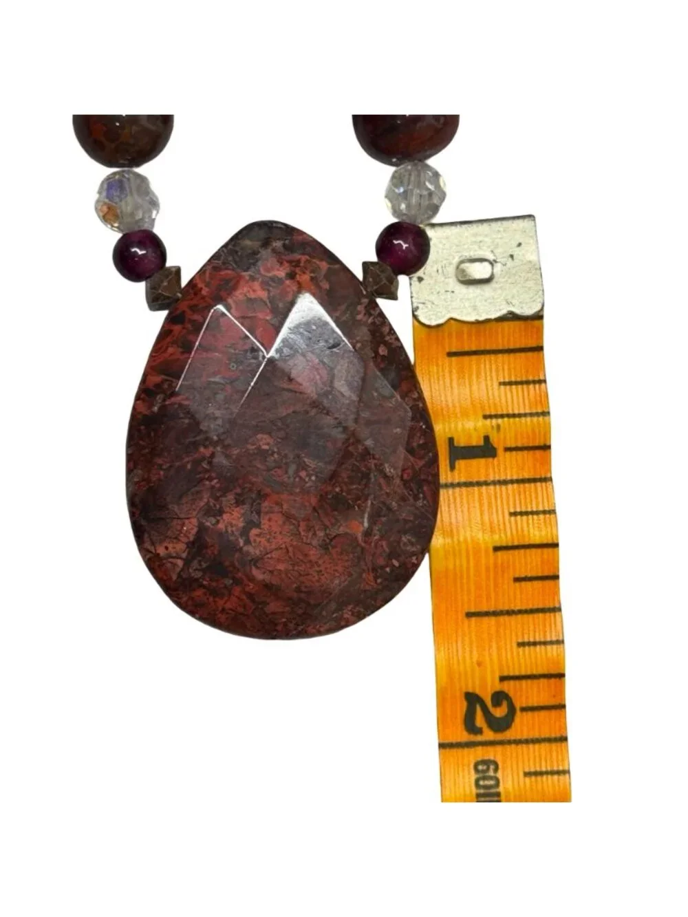 Vintage Jasper Adventurine Garnet Beaded Necklace Teardrop Pendant Statement 25" - Picture 7 of 10